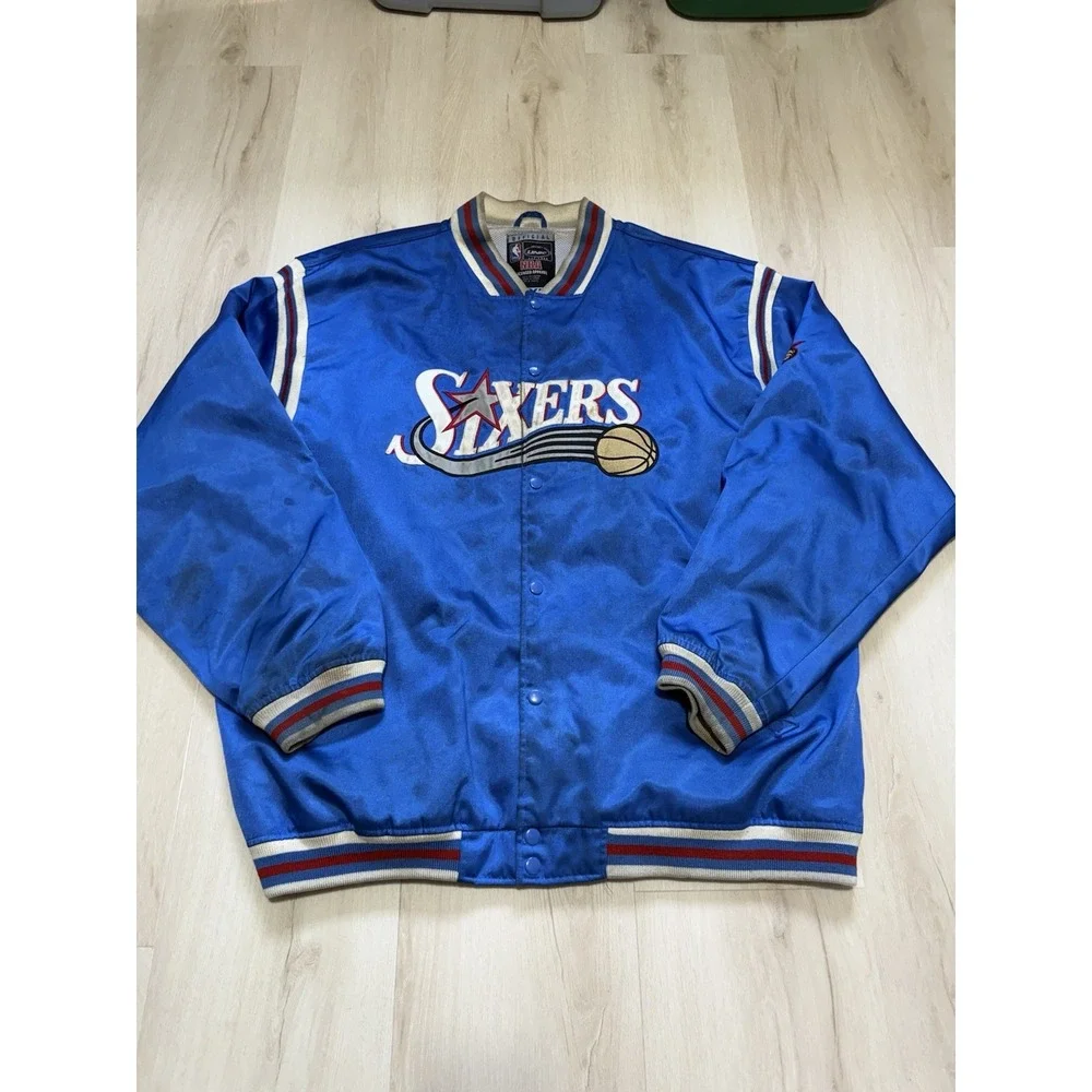 Philadelphia 76ers NBA Satin Button Up Jacket Coat UNK Men's Size 2XL Blue Snap
